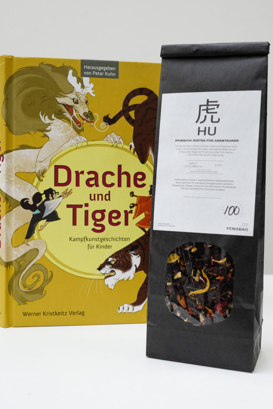 tee kinderbuch drache und tiger eistee pfirsich fengbao kung fu kampfkunst geschichten hochformat